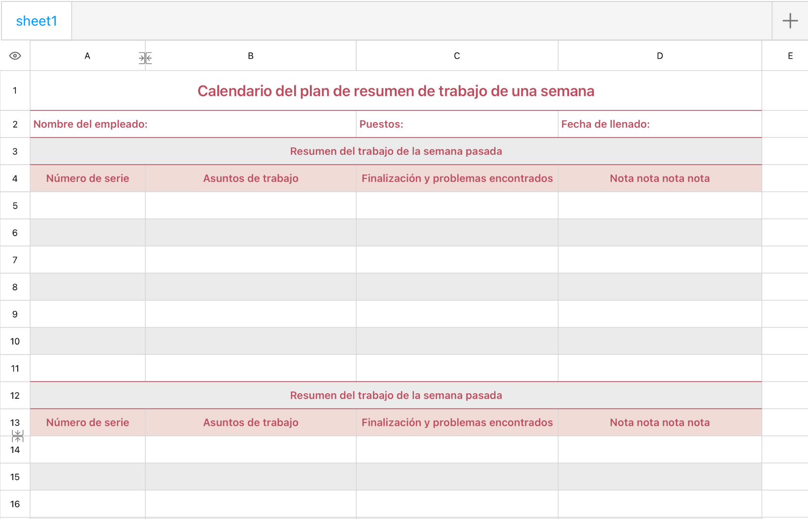 Calendario del plan de resumen de trabajo de una semana